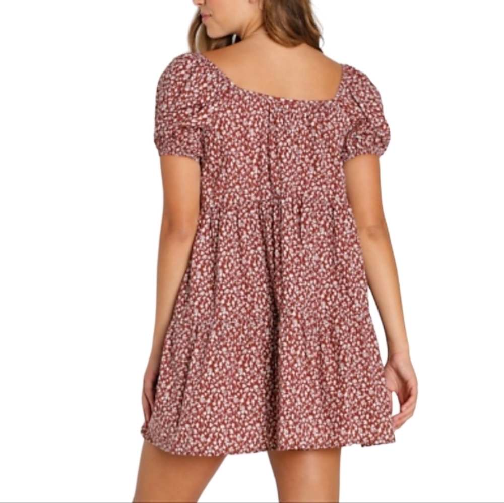 NWT LACAUSA Babydoll Mini Dress Puff Sleeve Mushroom Print Size M - Picture 2 of 11